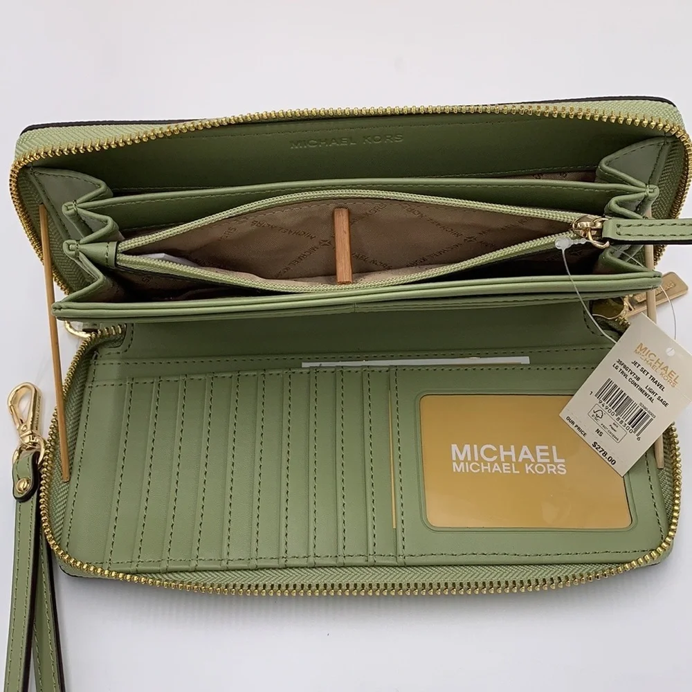 MICHAEL KORS  Large Travel Continental Leather
Color: Light Sage/ Brown multi - Picture 9 of 16